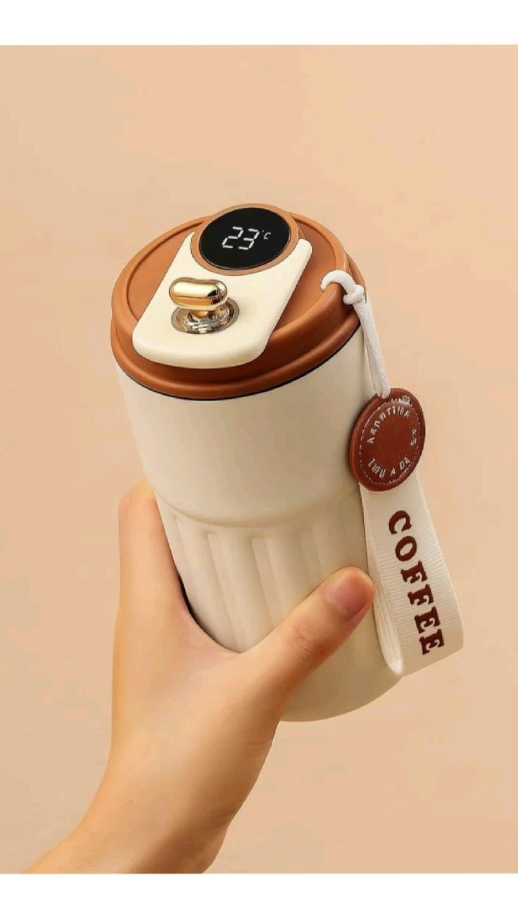 Coffee Mug Cup Digital Display, Thermos Flasks, 460 ml, 316 Stainless Steel Travel Mug, Insulated Vacuum Thermal Mug, Leak-Proof Travel Mug with Lid for Coffee (White Brown