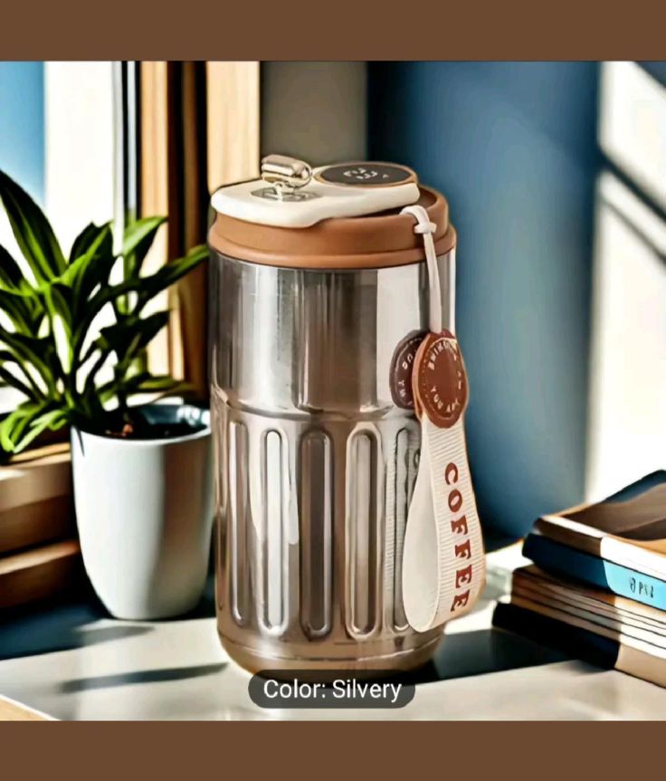 Coffee Mug Cup Digital Display, Thermos Flasks, 460 ml, 316 Stainless Steel Travel Mug, Insulated Vacuum Thermal Mug, Leak-Proof Travel Mug with Lid for Coffee (White Brown