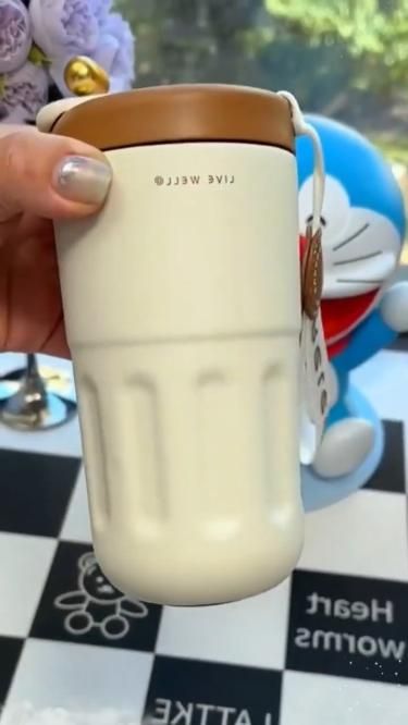 Coffee Mug Cup Digital Display, Thermos Flasks, 460 ml, 316 Stainless Steel Travel Mug, Insulated Vacuum Thermal Mug, Leak-Proof Travel Mug with Lid for Coffee (White Brown